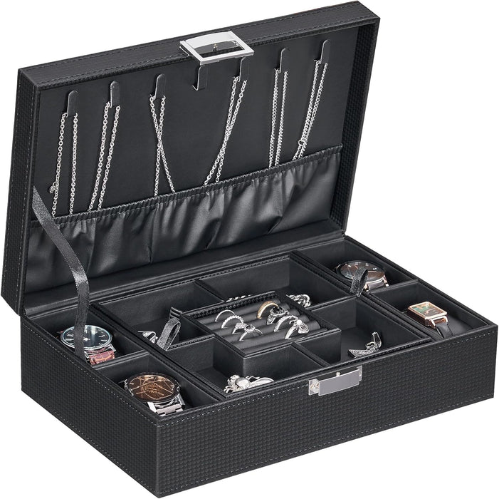 Modern Jewelry Organizer Case with Watch Display & Necklace Storage
