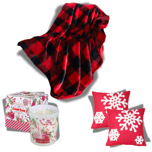 Cozy Christmas Bundle including a red and black buffalo plaid throw blanket, two snowflake pillow covers in red, and a peppermint-scented candle with a matching gift box.