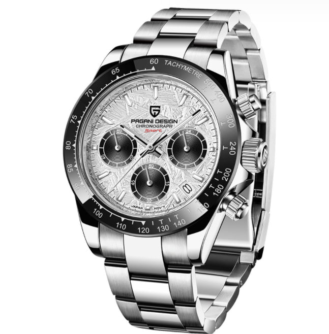 Silver wristwatch with detailed face on a white background