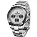 Silver wristwatch with detailed face on a white background