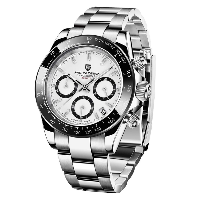 Silver wristwatch with a white face on a white background