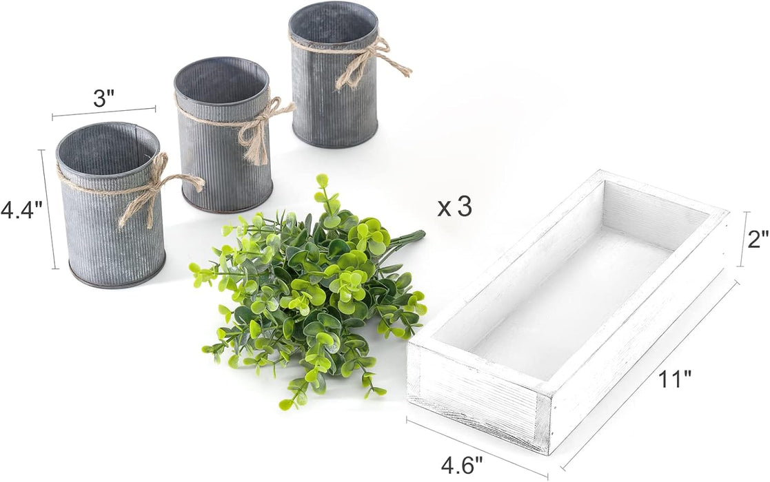 Decorative Eucalyptus Planter Set with Wooden Tray for Farmhouse Home Decor