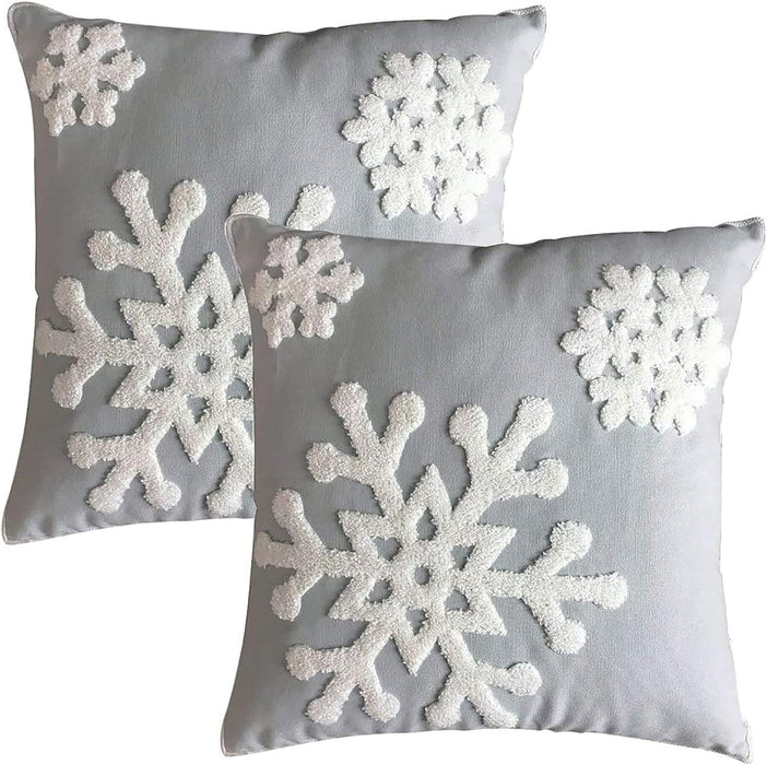 Christmas Snowflake Embroidered Throw Pillow Covers, 18x18 Cotton Canvas Decorative Cushion Covers for Sofa, Bed, Chair (Set of 2)