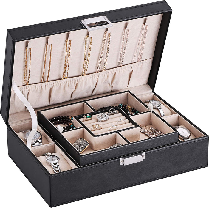 Modern Jewelry Organizer Case with Watch Display & Necklace Storage