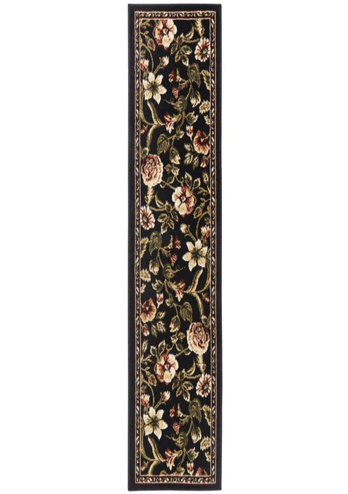 The Gossard Floral Rug is a rectangular, dark-colored runner featuring intricate patterns of flowers and leaves in shades of red, white, and green.