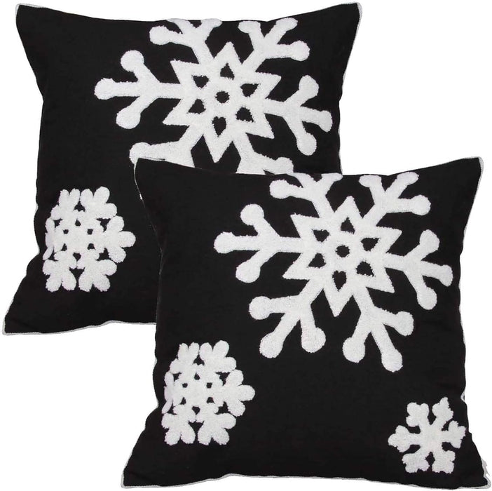 Christmas Snowflake Embroidered Throw Pillow Covers, 18x18 Cotton Canvas Decorative Cushion Covers for Sofa, Bed, Chair (Set of 2)