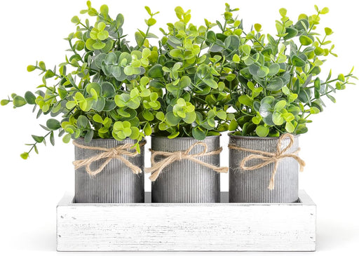 Decorative Eucalyptus Planter Set with Wooden Tray for Farmhouse Home Decor